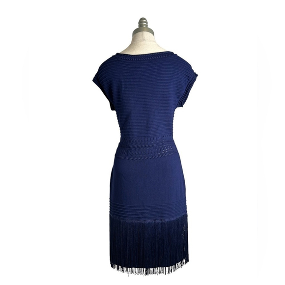 Venus Navy Blue Short Sleeve Cocktail Fringe Sweater Knit Dress Size Medium - Picture 6 of 13